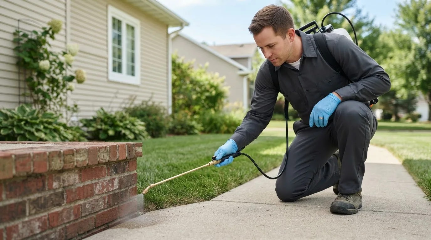 Pest control technician treating a home near La Prairie, IL